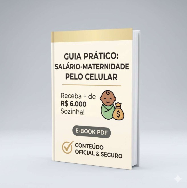 Mockup do Guia Prático do Salário-Maternidade ao lado de gestante usando o celular